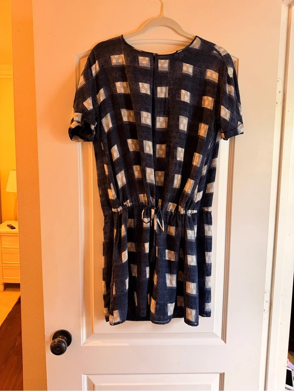 Tory Burch Navy and White Checked Drawstring Waist Dress